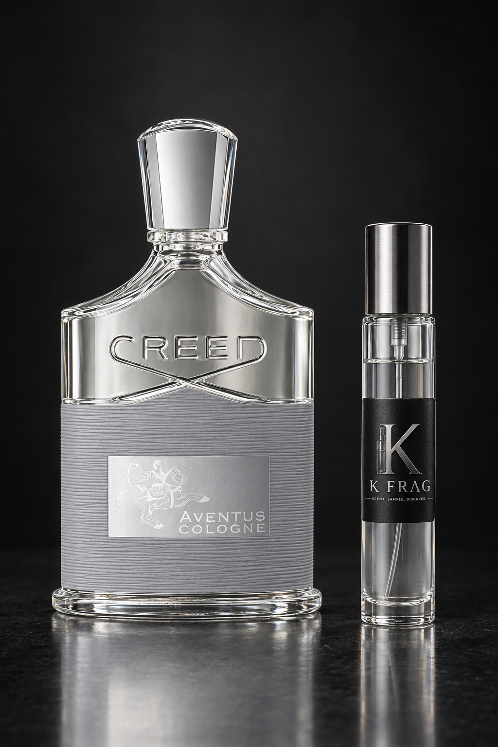 Прозрачен Aventus Cologne флакон с емблема на ездач върху кон