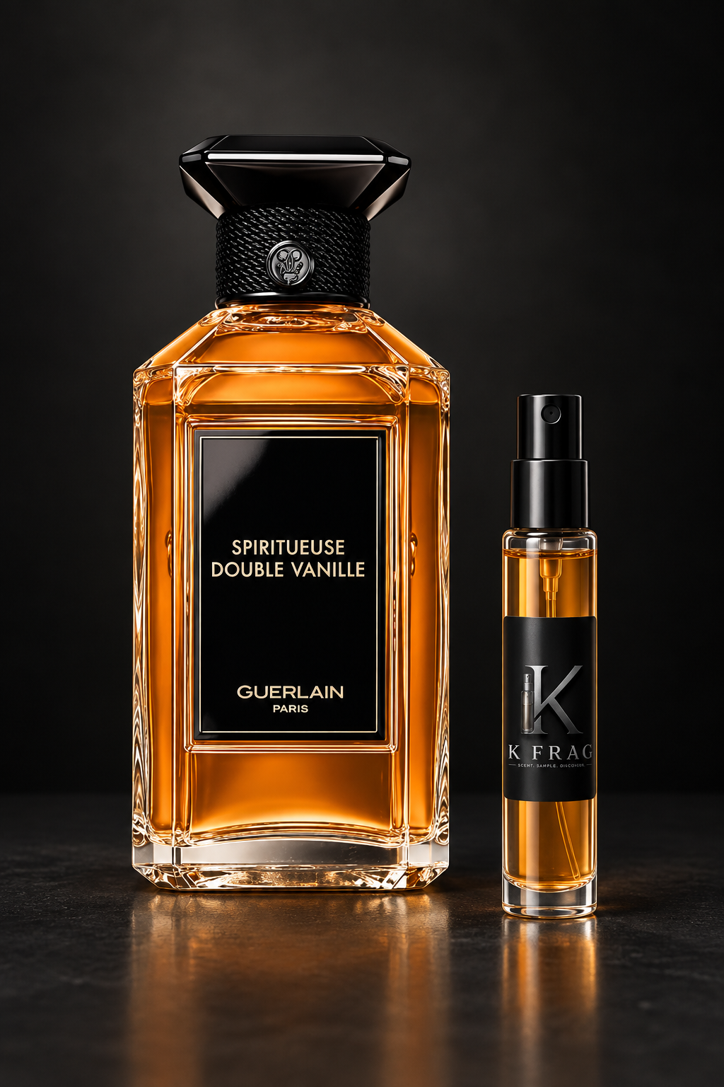 Премиум продуктова снимка на GUERLAIN SPIRITUEUSE DOUBLE VANILLE и K FRAG декант
