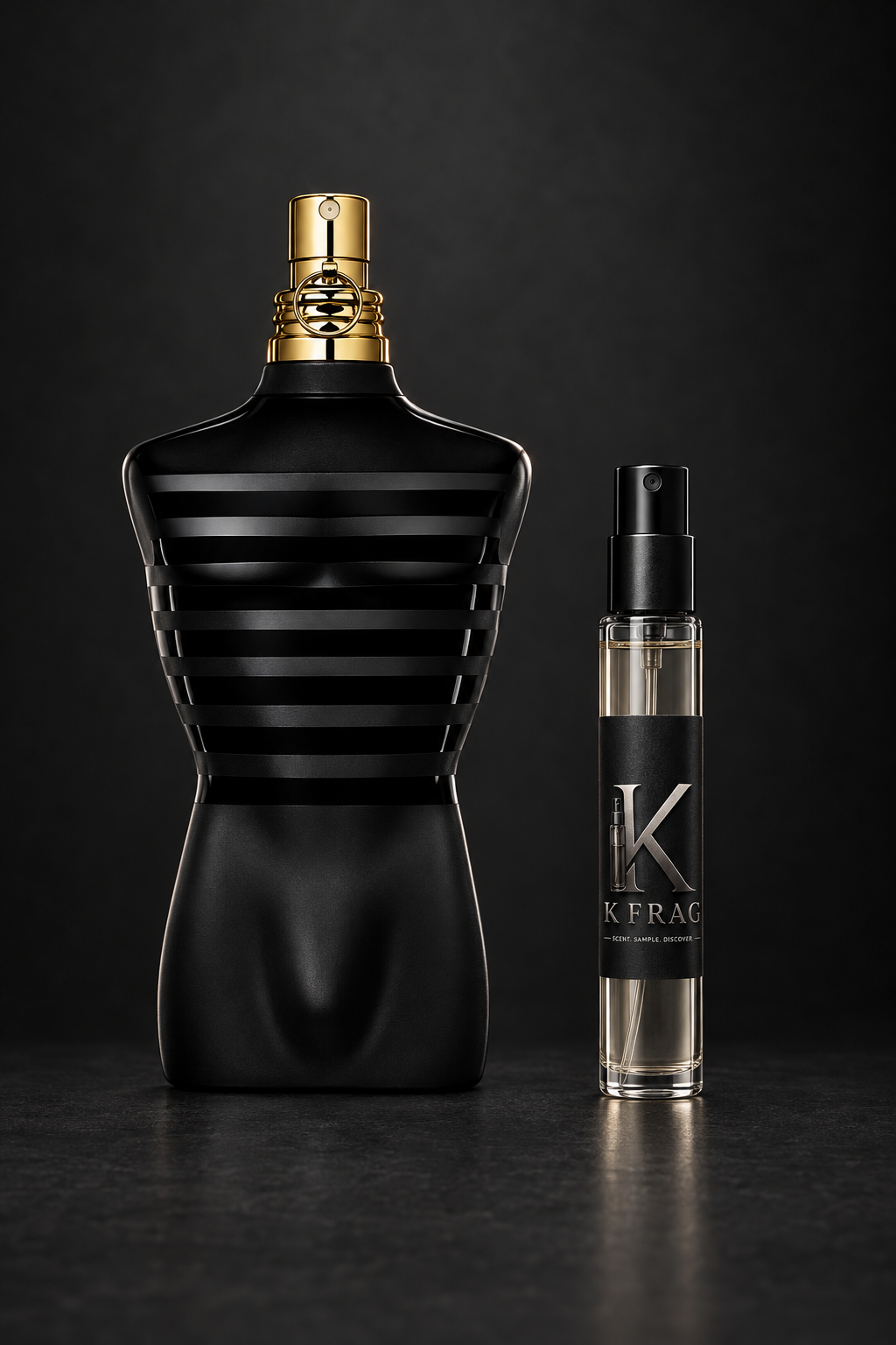 Jean Paul Gaultier Le Male Le Parfum и K FRAG декант един до друг