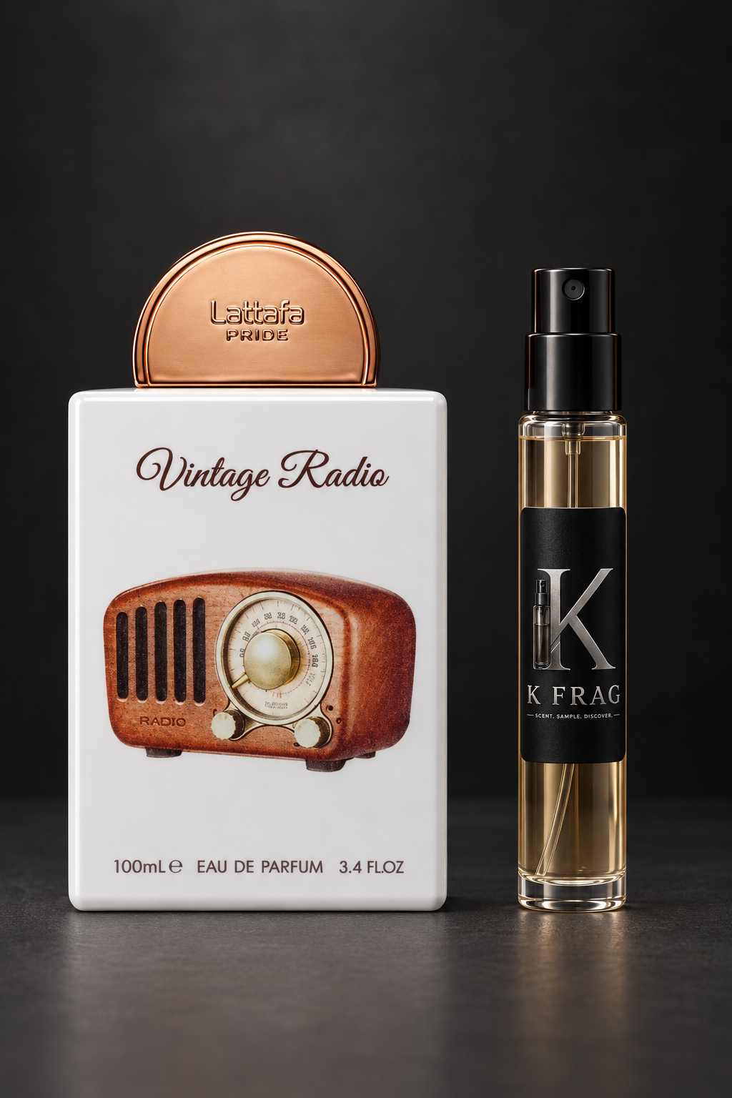 Lattafa Vintage Radio и K FRAG декант един до друг