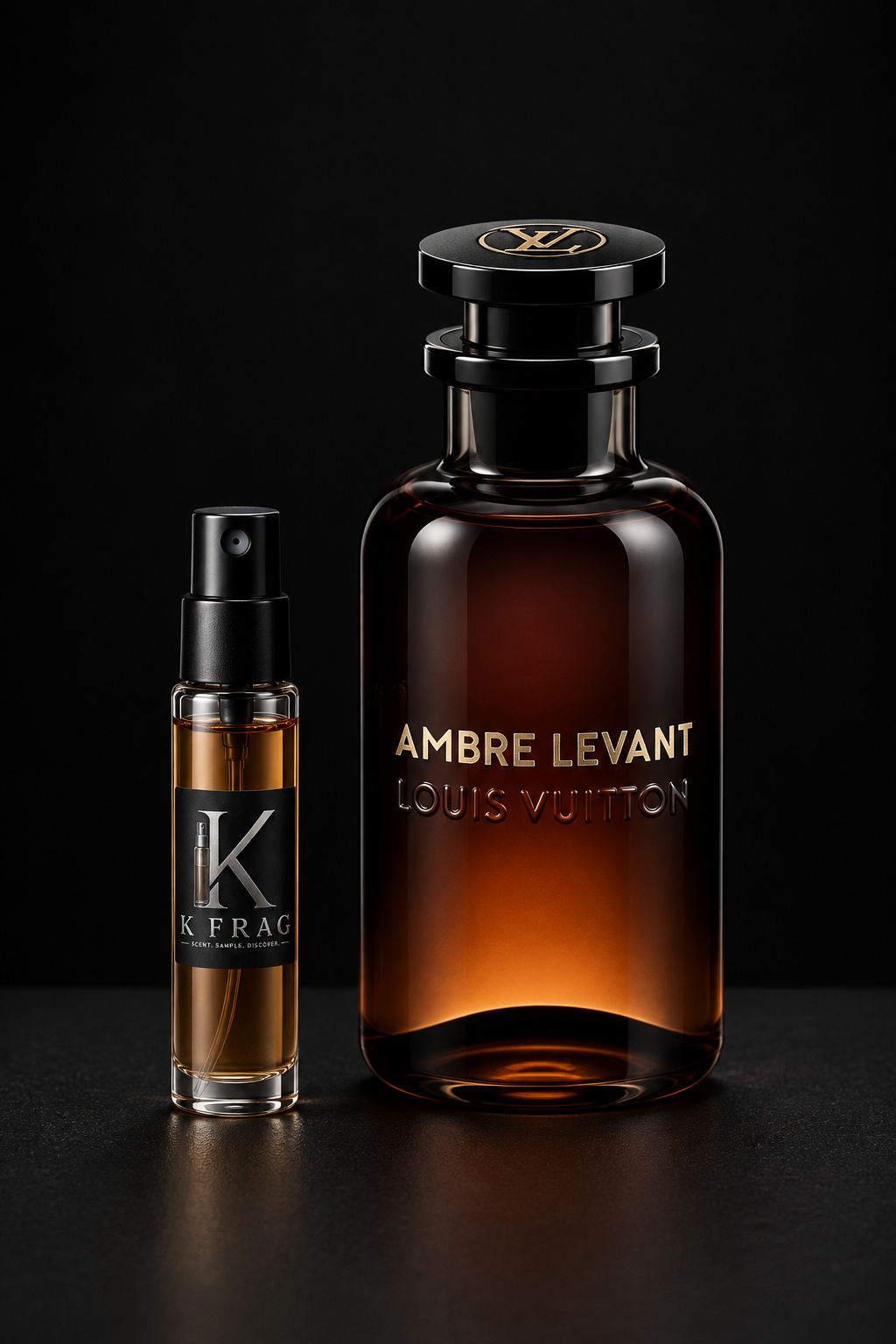 Perfume bottle and 5 ml atomizer studio photograph