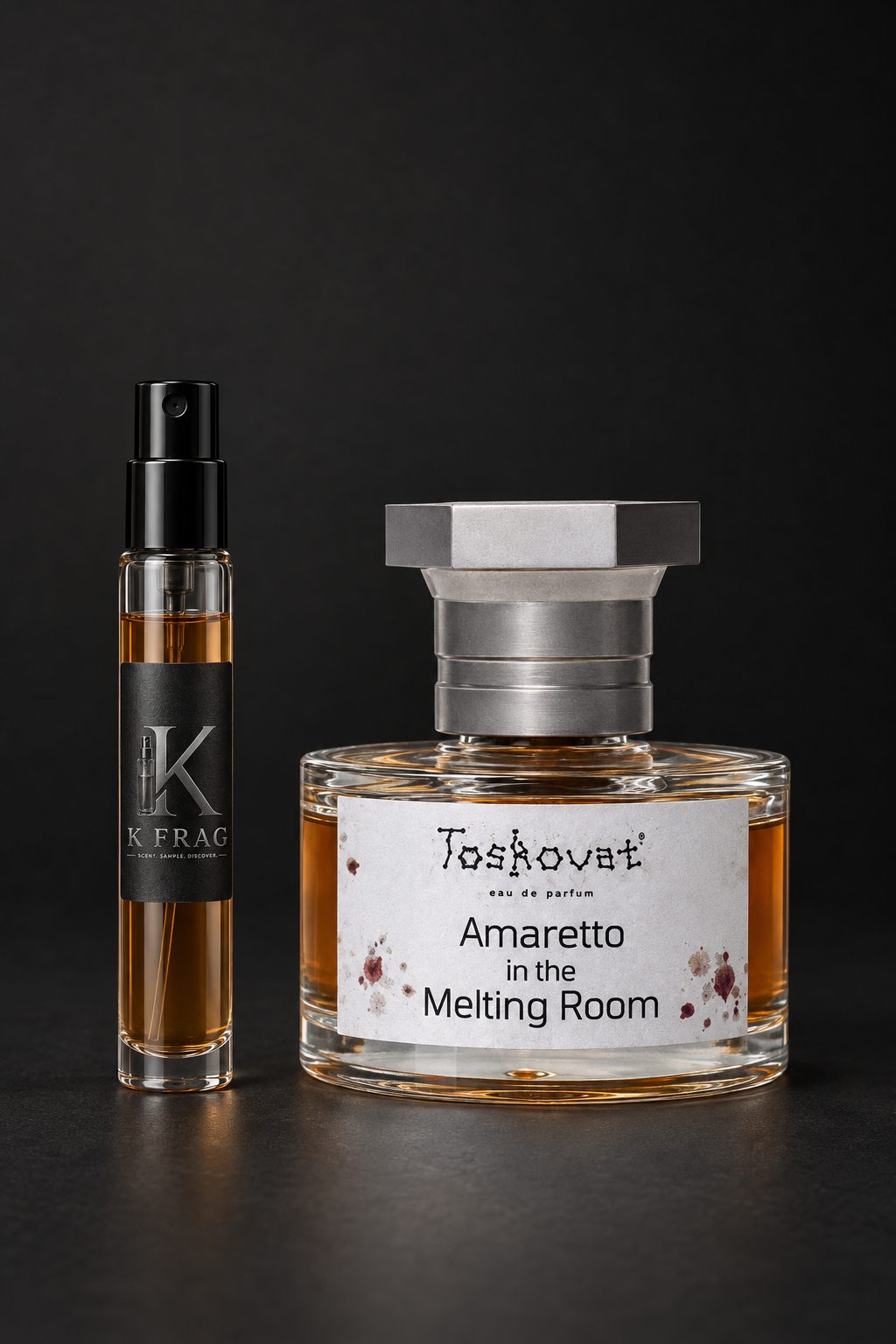 Ultra-realistic vertical perfume product photograph with K FRAG decant